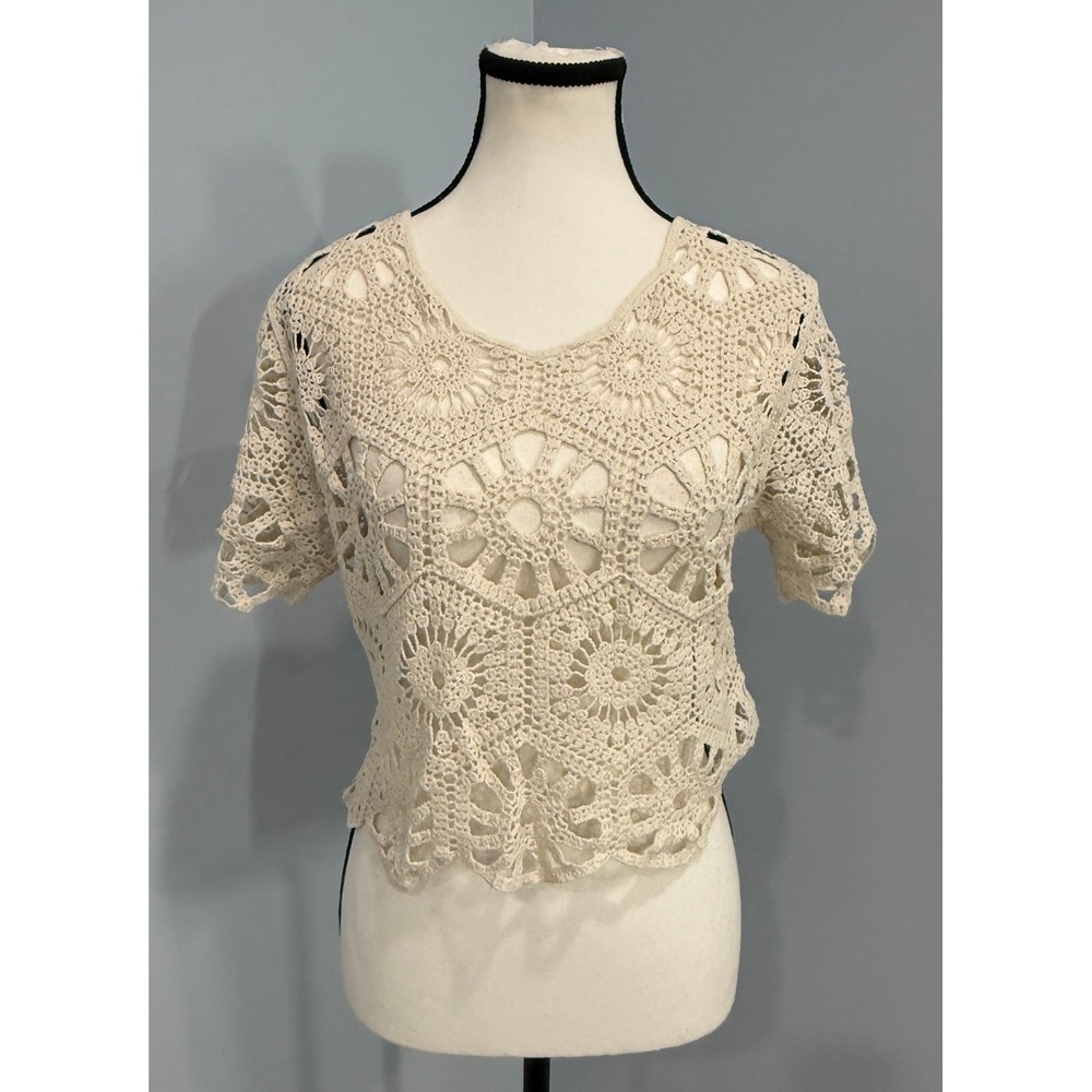 Rebellion Again Cotton Crochet Boho Crop Top Womens M Cottagecore 70s Retro